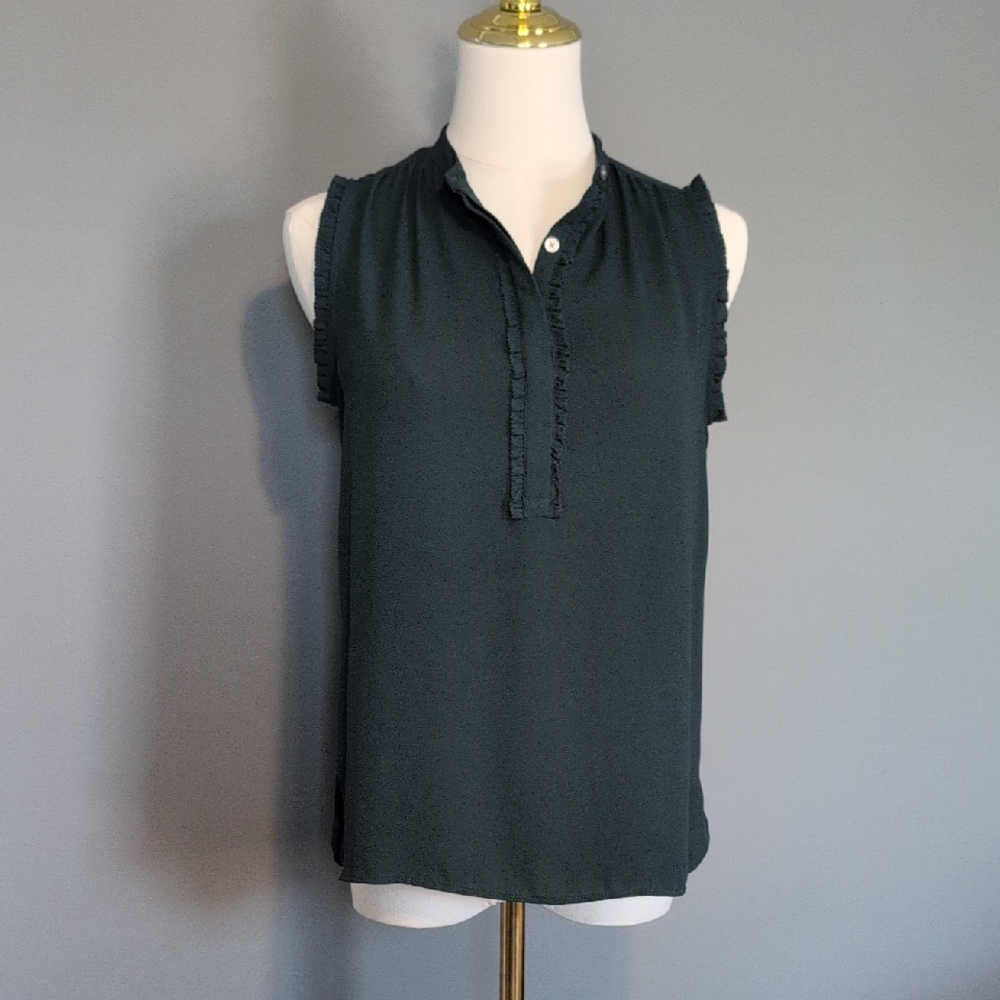 LOFT Petite Dark Green Ruffle Blouse